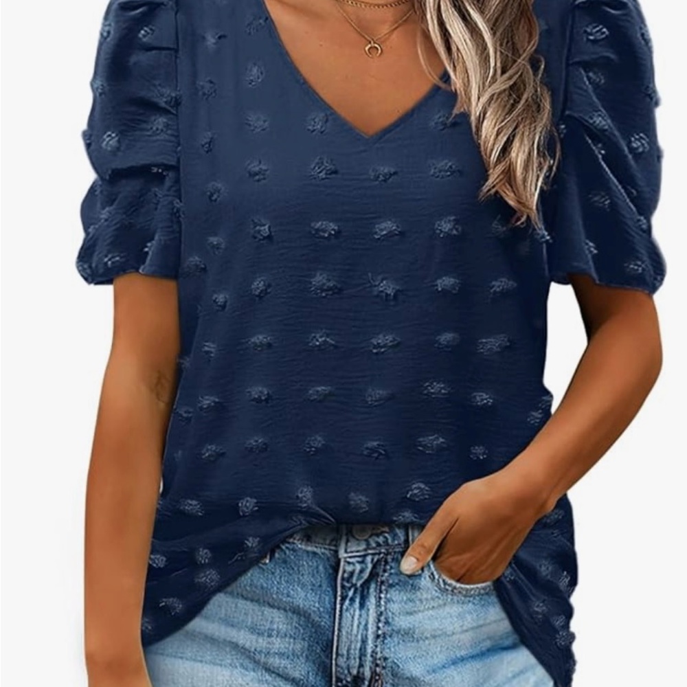 XL Chiffon V Neck with Puff Sleeve (Navy Blue)